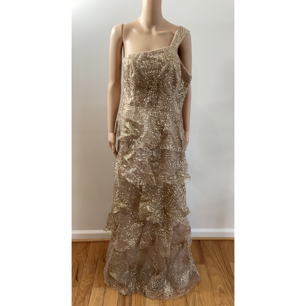 MARCHESA NOTTE GOLD GLITTER & BEADED TIERED DRESS